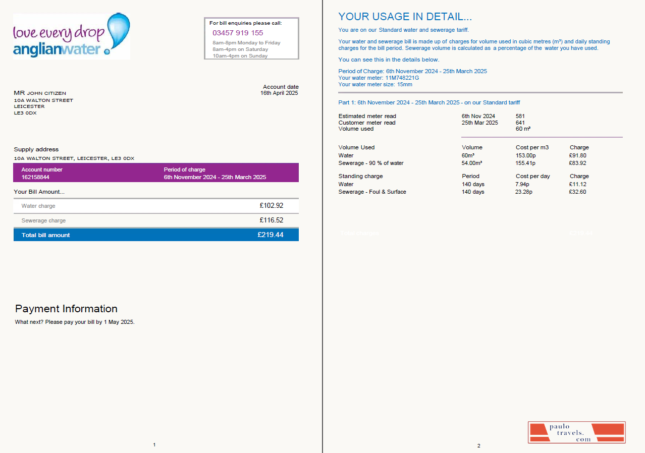 United Kingdom Anglian Water utility bill template in Word and PDF formats, 2 pages